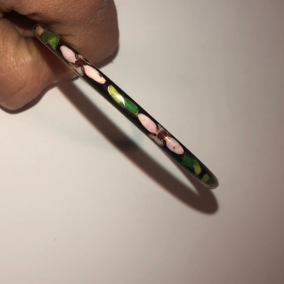 VTG Chinese Cloisonné Enamel Floral Pink Flower Green Leaves Black Bangle 8” - Picture 2 of 4